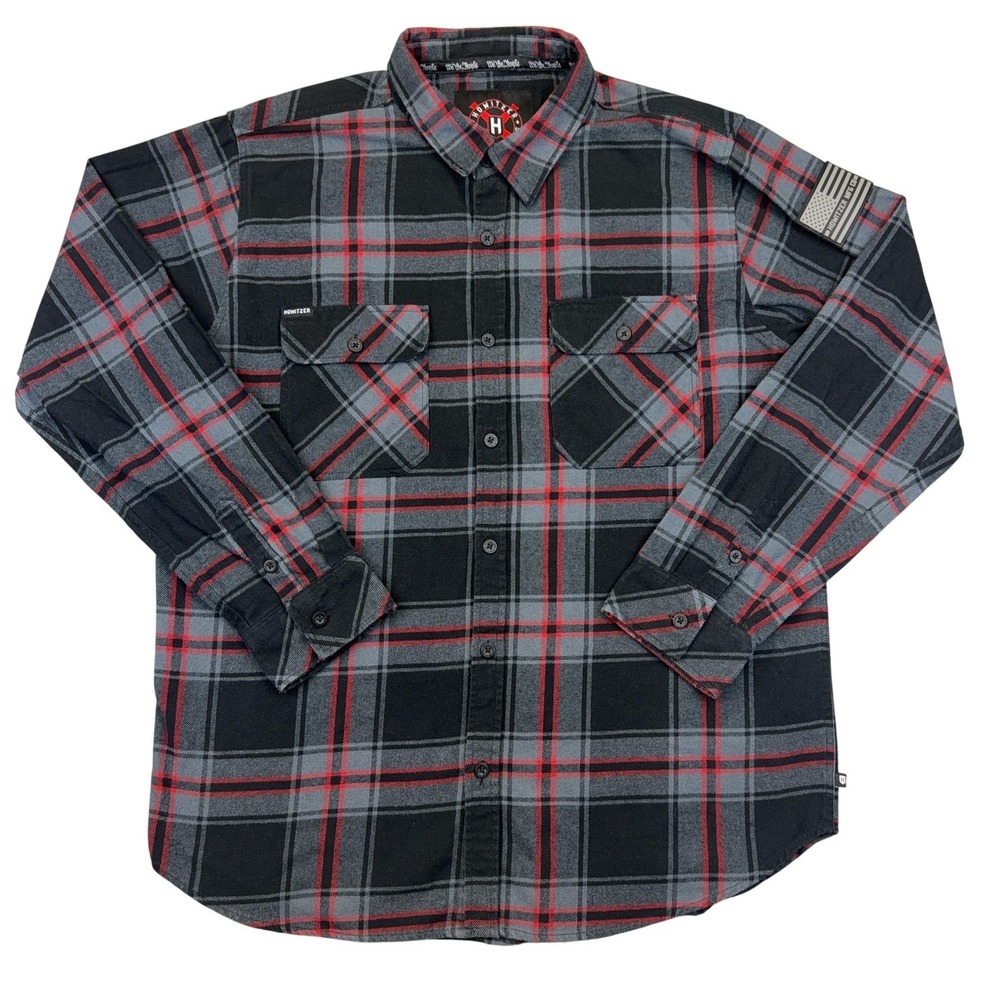 Howitzer Shirt Mens XL Black Gray Red Plaid Flannel Long Sleeve Patriotic‎ Flag